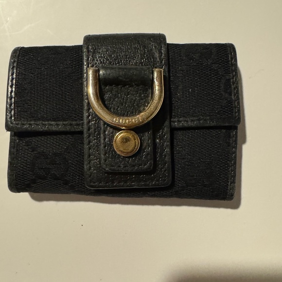 Gucci GG Monogram Black Key & Card Holder with Gold Accent